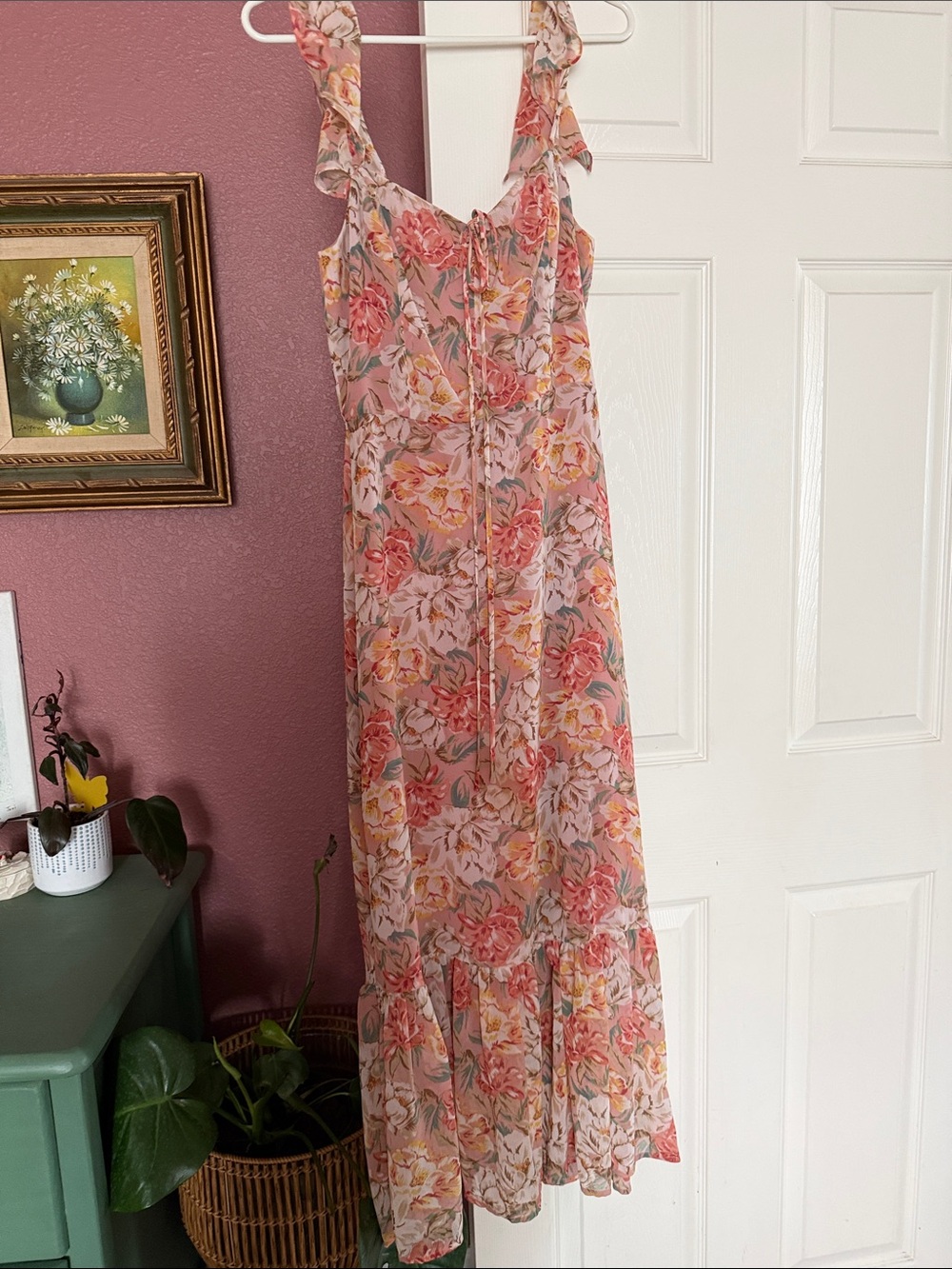 Floral Pink Ruffle-Strap Maxi Dress
